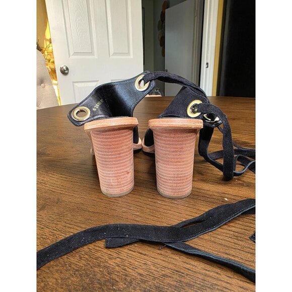 Black Suede Open-Toe Heeled Sandals With Wraparound Straps & Wooden Block Heel B - Picture 8 of 16